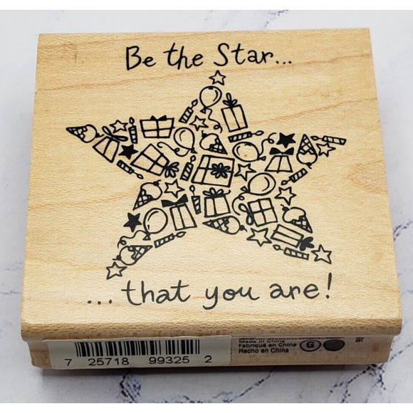 Inkadinkado Be The Star Presents & Balloon Star Wood Mounted Rubber Stamp 99325 - Picture 1 of 7